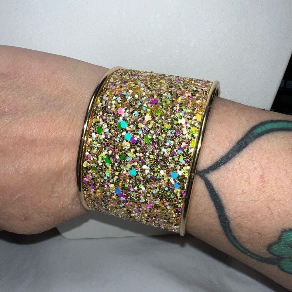 Gold Tone Large Chunky Iridescent Sparkle Cuff Bracelet